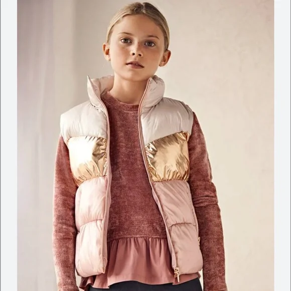 ZARA GIRL METALLIC PINK CREAM PUFFER VEST ZIP FRONT WAISTCOAT OUTERWEAR SZ 9-10 - Picture 2 of 11